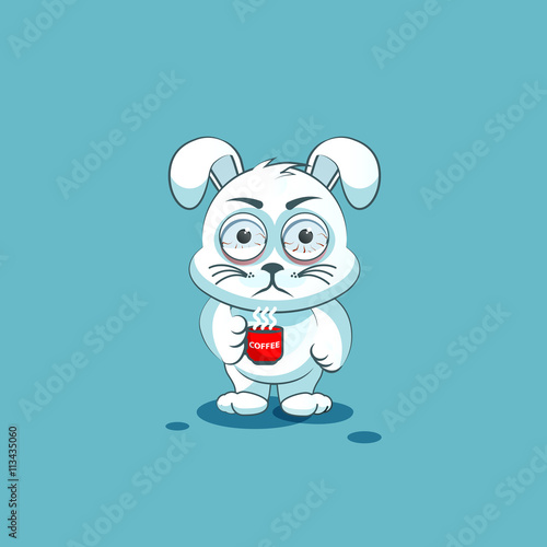 isolated Emoji character cartoon White leveret nervous with cup of coffee sticker emoticon