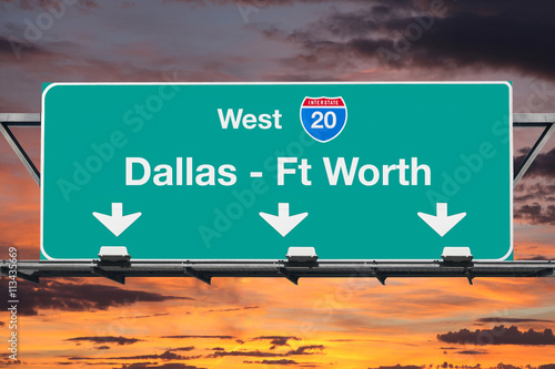 Dallas Ft Worth Interstate 20 West Highway Sign with Sunrise Sky