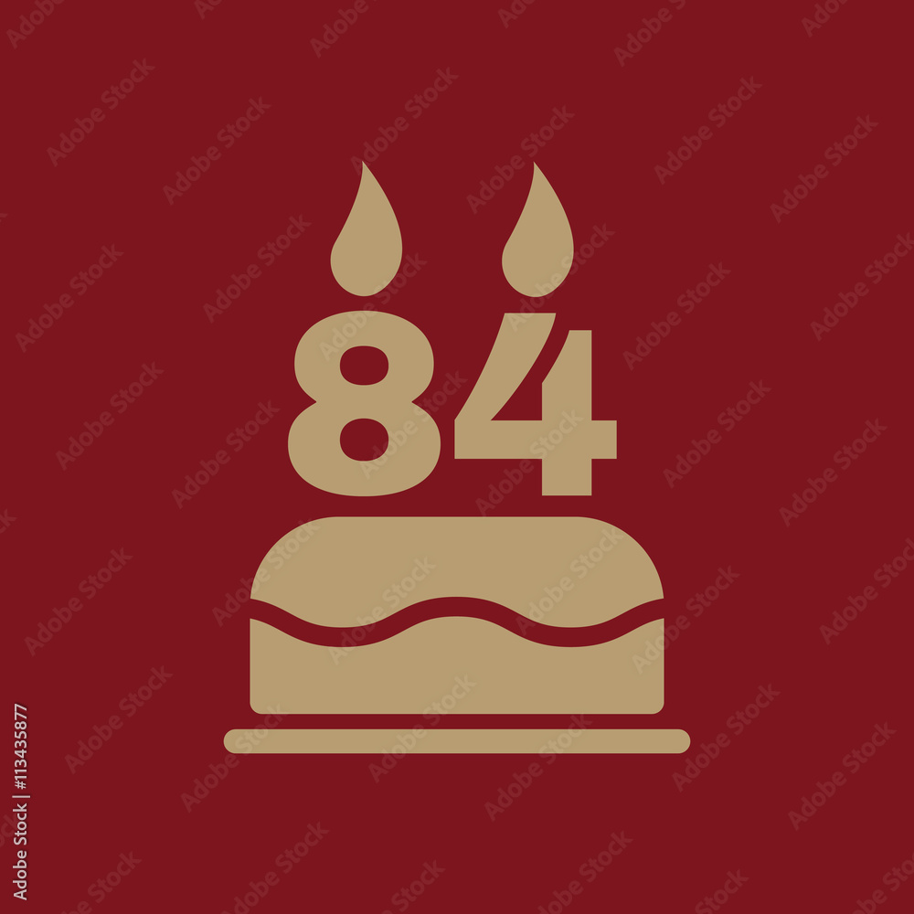 The birthday cake with candles in the form of number 84 icon. Birthday symbol. Flat The birthday cake with candles in the form of number 84 icon. Birthday symbol. Flat