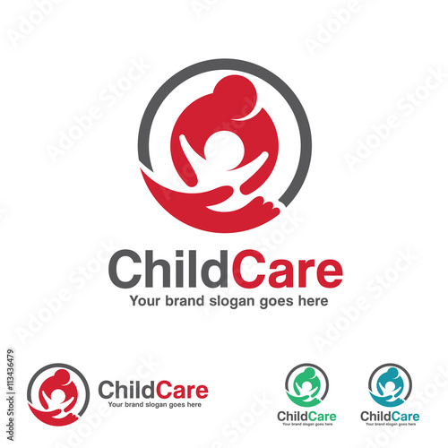Child Care Logo, Mother and kid with Hand Symbol