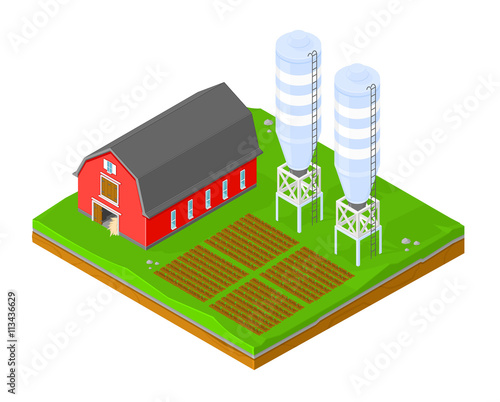Isometric vector illustration of American barn with crops and storage silos.
American Barn with farm.