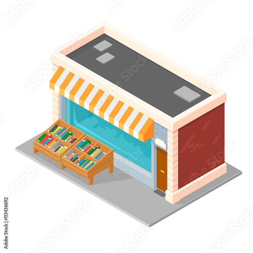 Vector isometric illustration of a small bookstore.
Small Bookstore on city sidewalk.