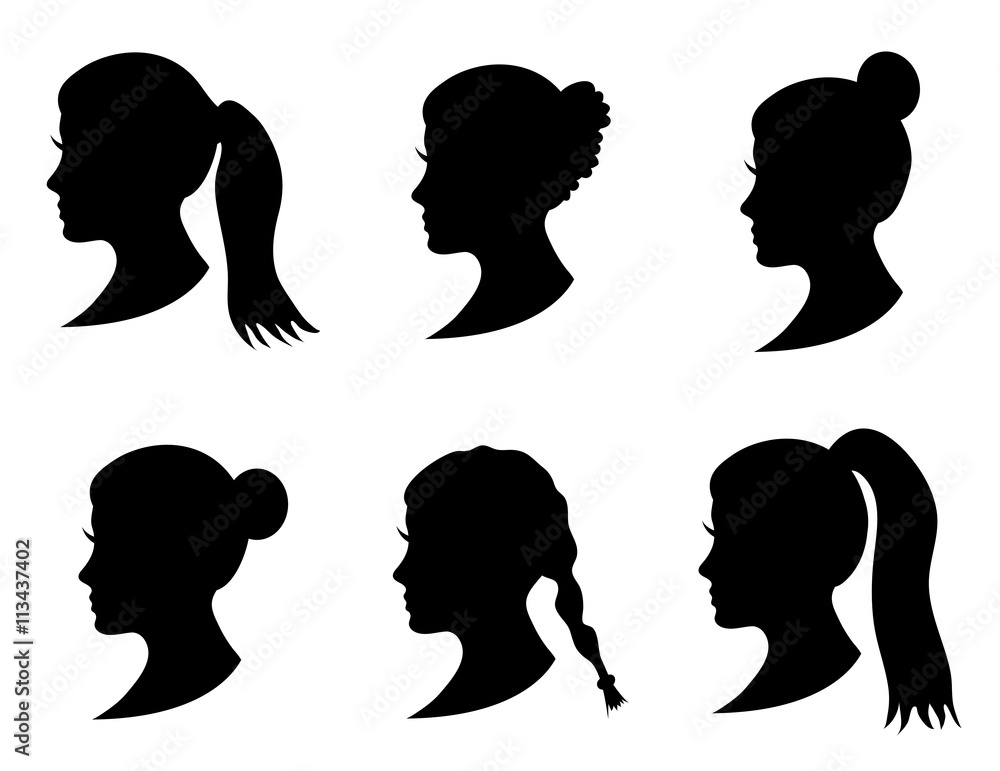 Set of black silhouette girl head with different hairstyle: tail, ponytail, bun, braid hairstyle. Young women face in profile with long hair. Isolated on white background. Vector illustration