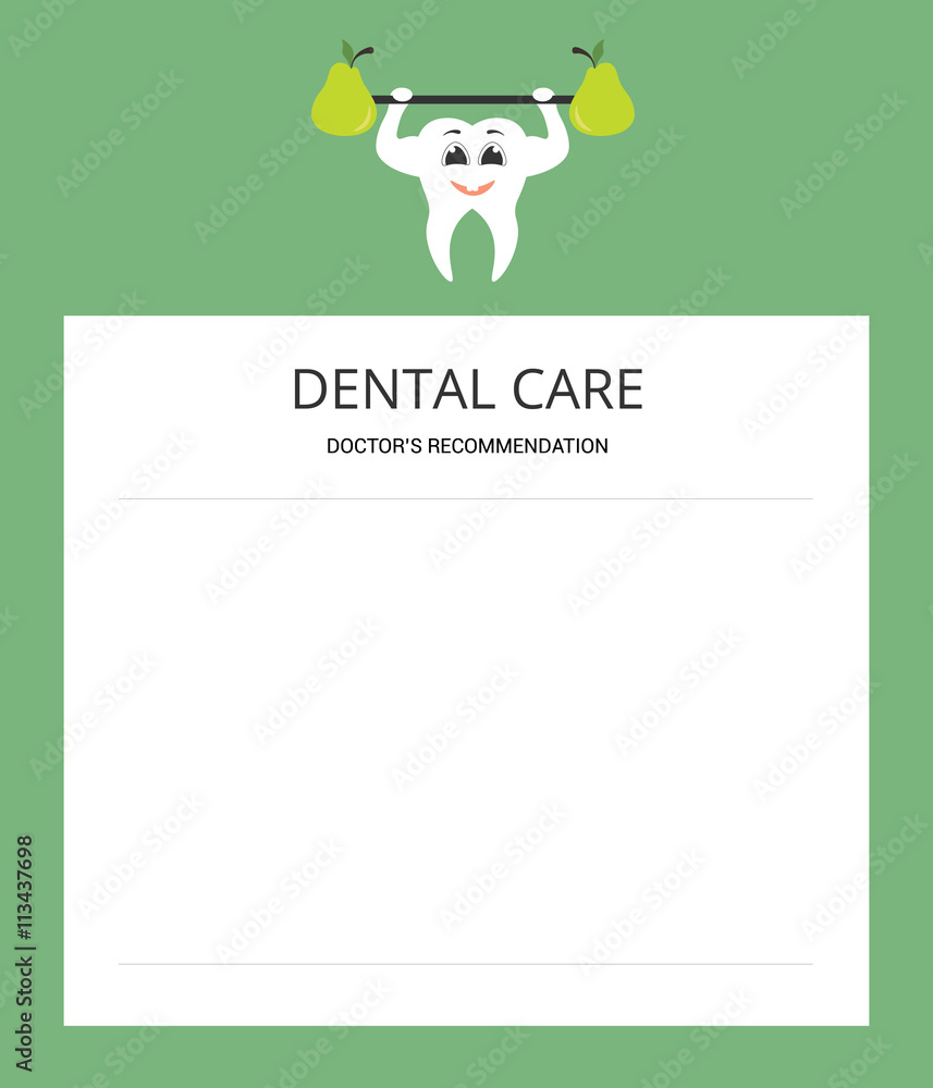 Healthy white tooth and green pear.Notepad sheet. The advice of a doctor. Brochure. Modern flat design. Healthy white tooth and green pear.Notepad sheet. The advice of a doctor. Brochure. Modern flat design.