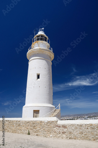 Old white lighthouse near the city of New Paphos ,Cyprus,Europe