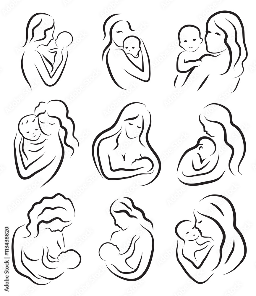 Symbol mother breastfeeding her baby. Black and white logo. silhouette  mother and baby during breastfeeding process vector. | CanStock