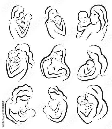 Set silhouette sketch mother and child, mother holding a baby. Breastfeeding symbol logo. Hand drawing, line drawing. Vector illustration