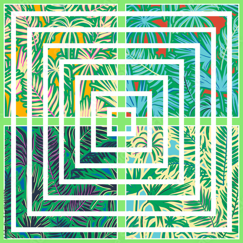 vector seamless graphical artistic tropical foliage pattern with geometric squares overlay, palm leaf, fern frond, cyperus, decorative colorful, summer fashionable background allover tropical print