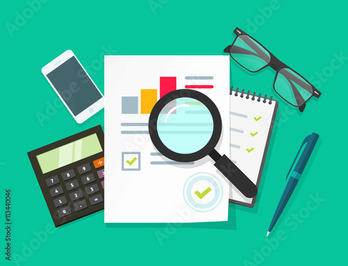 Auditor work desk, accounting paperwork, business research, financial audit, auditing tax process, report data analysis, analytics, financial research report, project desktop vector, color background