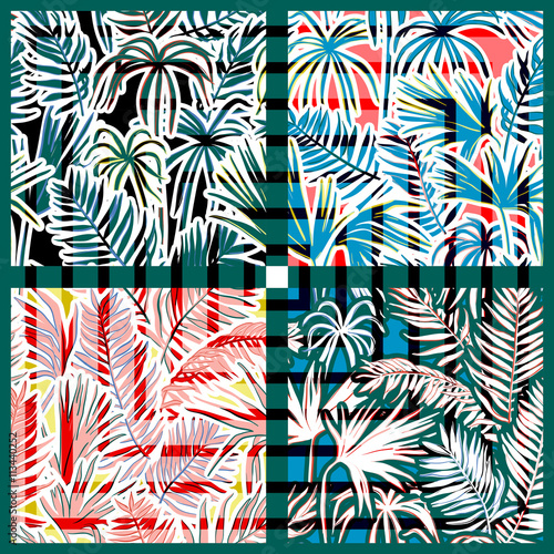 vector seamless graphical artistic tropical foliage pattern with geometric squares overlay, palm leaf, fern frond, cyperus, decorative colorful, summer fashionable background allover tropical print
