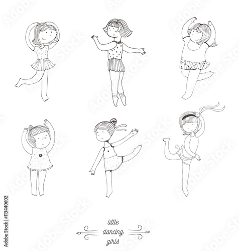 Black and white set of vector handdrawn dancing girls. Cute and fun girls in various poses, with smile on face, moving in steps. Isolated on white illustration, good for dance studio, dance school.