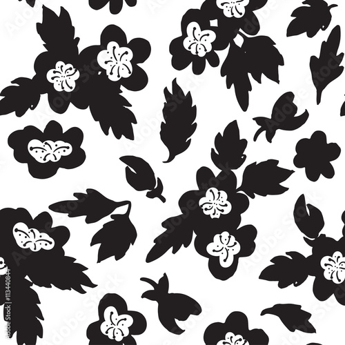 Seamless background with abstract flowers, monochrome.