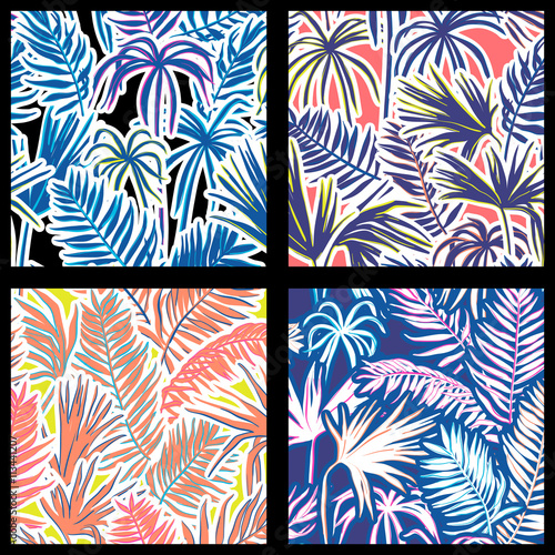 vector seamless graphical artistic tropical foliage pattern with geometric squares overlay, palm leaf, fern frond, cyperus, decorative colorful, summer fashionable background allover tropical print
