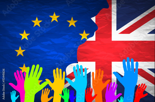 Image relative to politic relationships between Europe Union and United Kingdom. National flags on concrete textured backdrop. Brexit theme