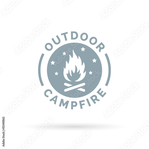 Outdoor campfire icon with wood fire and night sky sign. Vector illustration.