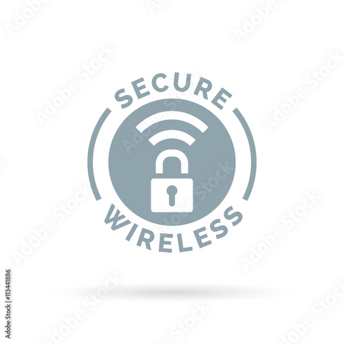 Secure wireless icon with grey padlock and wifi hotspot symbol. Vector illustration.