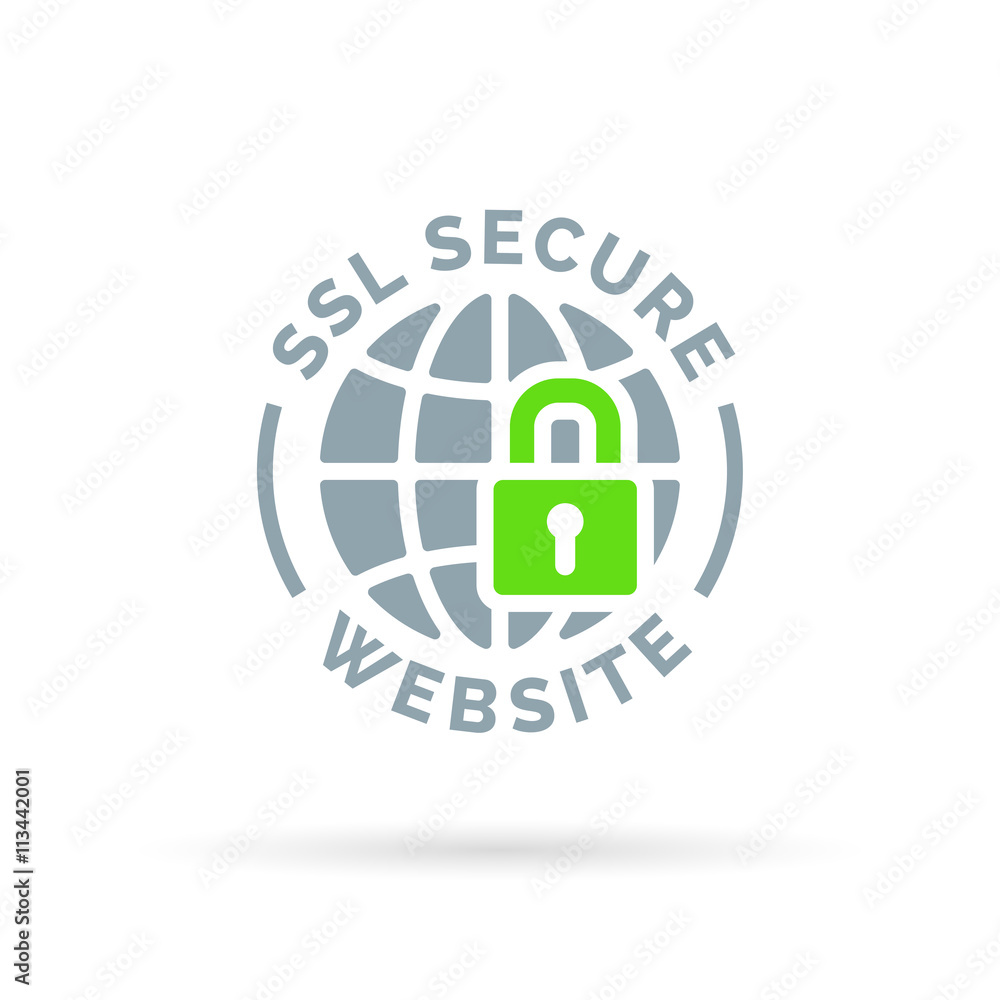 Secure SSL website icon. Secure global symbol. Grey globe with green padlock sign isolated on white background. Vector illustration. Secure SSL website icon. Secure global symbol. Grey globe with green padlock sign isolated on white background. Vector illustration.