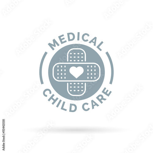 Medical child care symbol with heart and plaster bandage icon. Vector illustration.