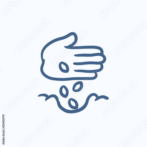 Hand planting seeds in ground sketch icon.