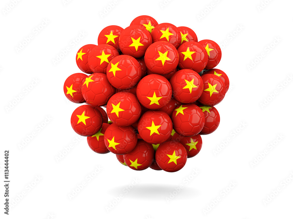 Pile of footballs with flag of vietnam
