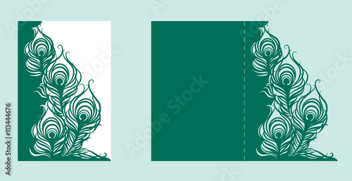 Wedding invitation or greeting card with peacock feather. Wedding invitation envelope mock up for laser cutting.