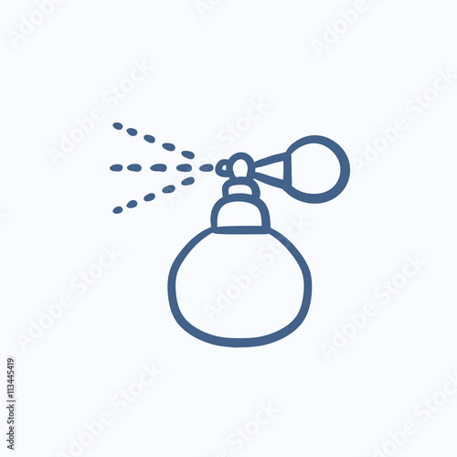 Perfume bottle spraying sketch icon.