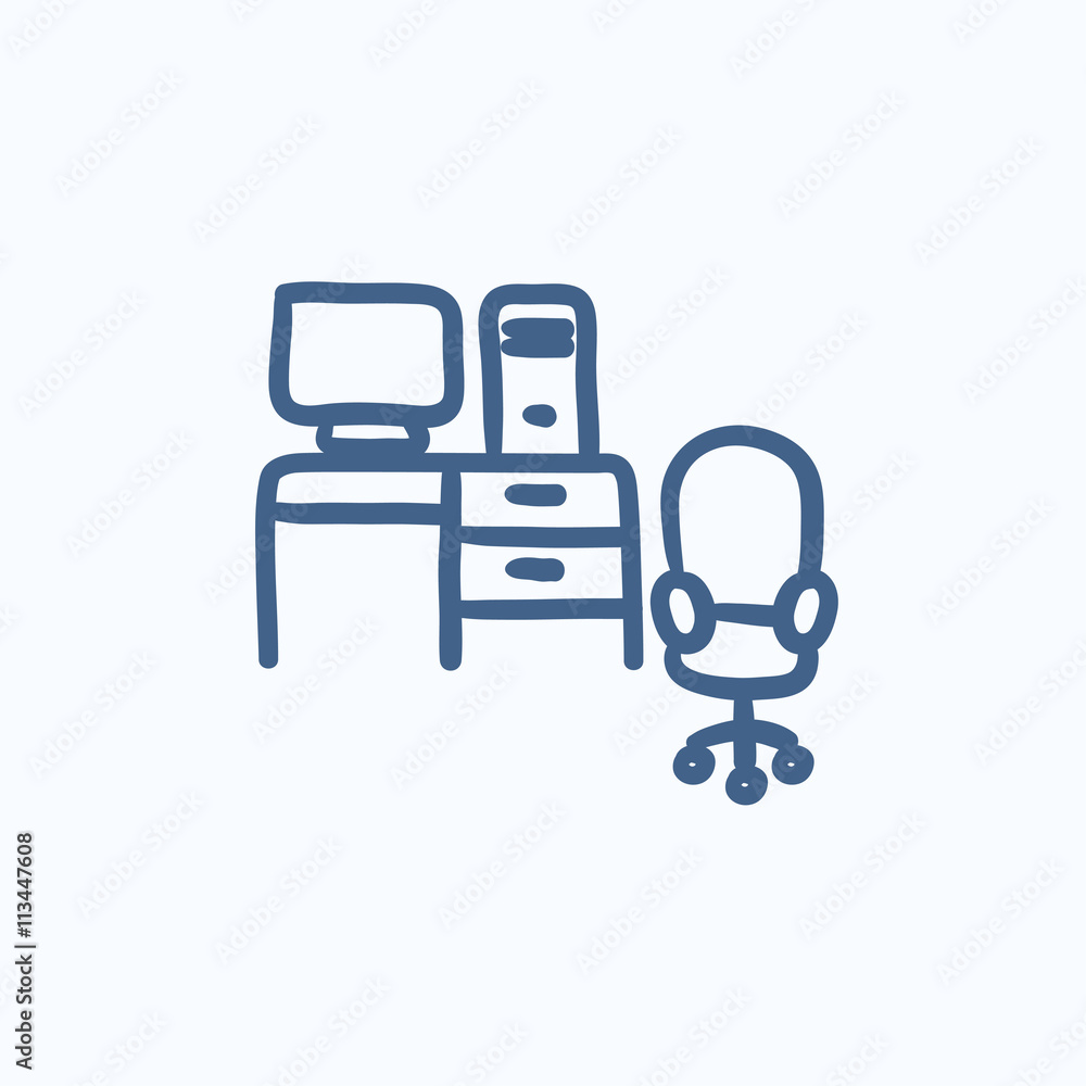 Computer set with table and chair sketch icon. Computer set with table and chair sketch icon.