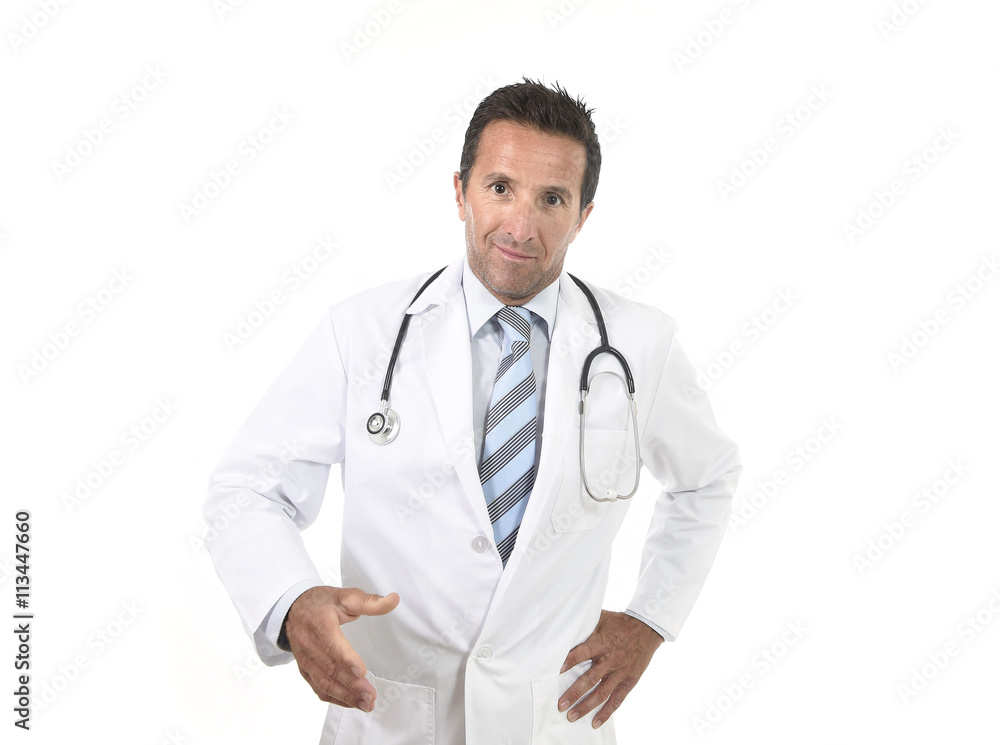 happy male medicine doctor with stethoscope wearing medical gown standing proud shaking hand happy male medicine doctor with stethoscope wearing medical gown standing proud shaking hand