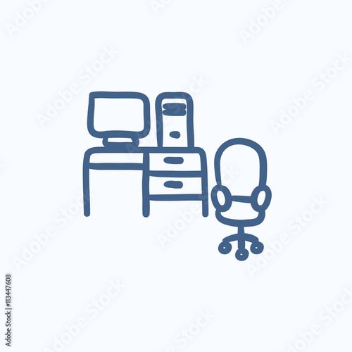 Computer set with table and chair sketch icon.