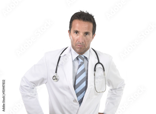 40s attractive male medicine doctor with stethoscope wearing medical gown in worried and stress