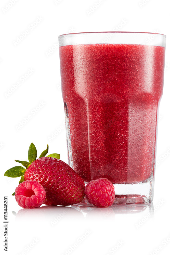 Strawberry and raspberry smoothie in glass - obrazy, fototapety, plakaty 