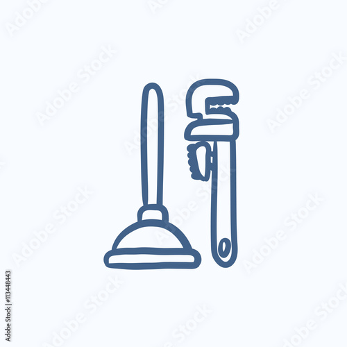 Pipe wrenches and plunger sketch icon.