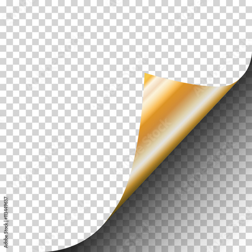 Page curl of sheet of paper with gold glossy back of page