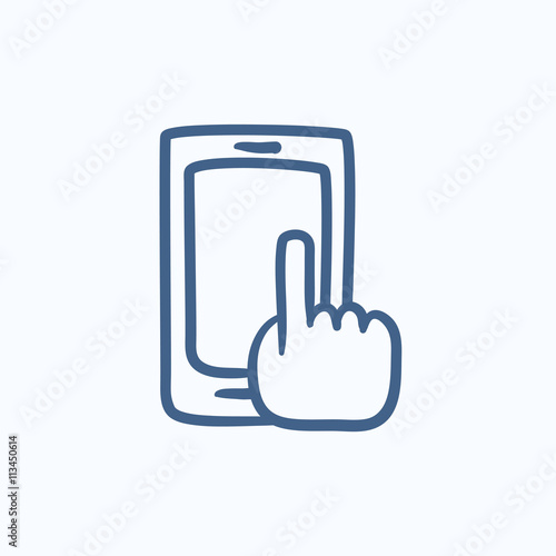 Finger pointing at smart phone sketch icon.