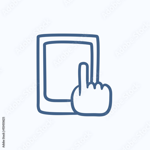 Finger pointing at tablet sketch icon.