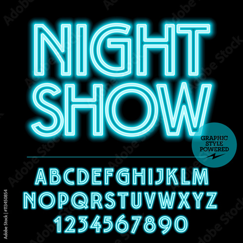 Neon bright set of alphabet letters, numbers and punctuation symbols. Vector light up blue logo with text Night show