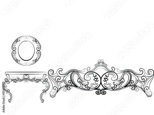 Baroque Luxury style furniture. Elegant table set with rich ornaments. Vector sketch