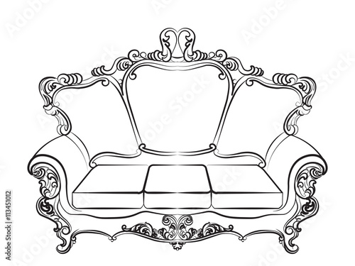 Baroque Imperial luxury style furniture. Elegant couch set with luxurious rich ornaments. Vector sketch