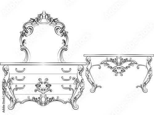 Baroque Luxury style furniture. Elegant table set with rich ornaments. Vector sketch