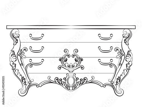 Baroque Imperial luxury style furniture. Commode table with drawers set with luxurious rich ornaments. Vector sketch