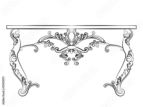 Baroque Luxury style furniture. Elegant table set with rich ornaments. Vector sketch
