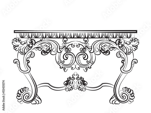 Baroque Imperial luxury style furniture. Commode table with drawers with luxurious rich ornaments. Vector sketch