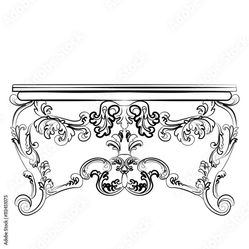 Baroque Imperial luxury style furniture. Dressing table and mirror set with luxurious rich ornaments. Vector sketch