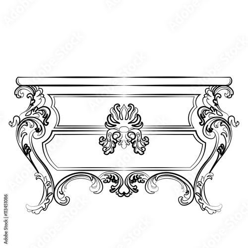 Baroque Imperial luxury style furniture. Dressing table and mirror set with luxurious rich ornaments. Vector sketch