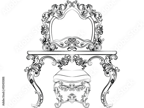 Baroque Imperial style furniture. Dressing table and mirror set with luxurious rich ornaments. Vector sketch