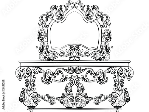 Baroque Imperial luxury style furniture. Dressing table and mirror set with luxurious rich ornaments. Vector sketch