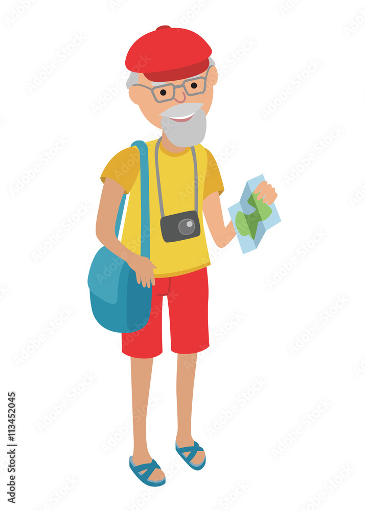 Illustration of elderly man tourist isolated on white background in flat style. Grandfather holding bags and booklet in his hands. Illustration of elderly man tourist isolated on white background in flat style. Grandfather holding bags and booklet in his hands.