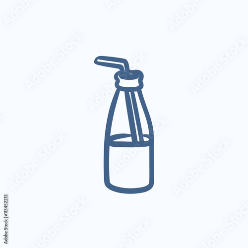 Glass bottle with drinking straw sketch icon.