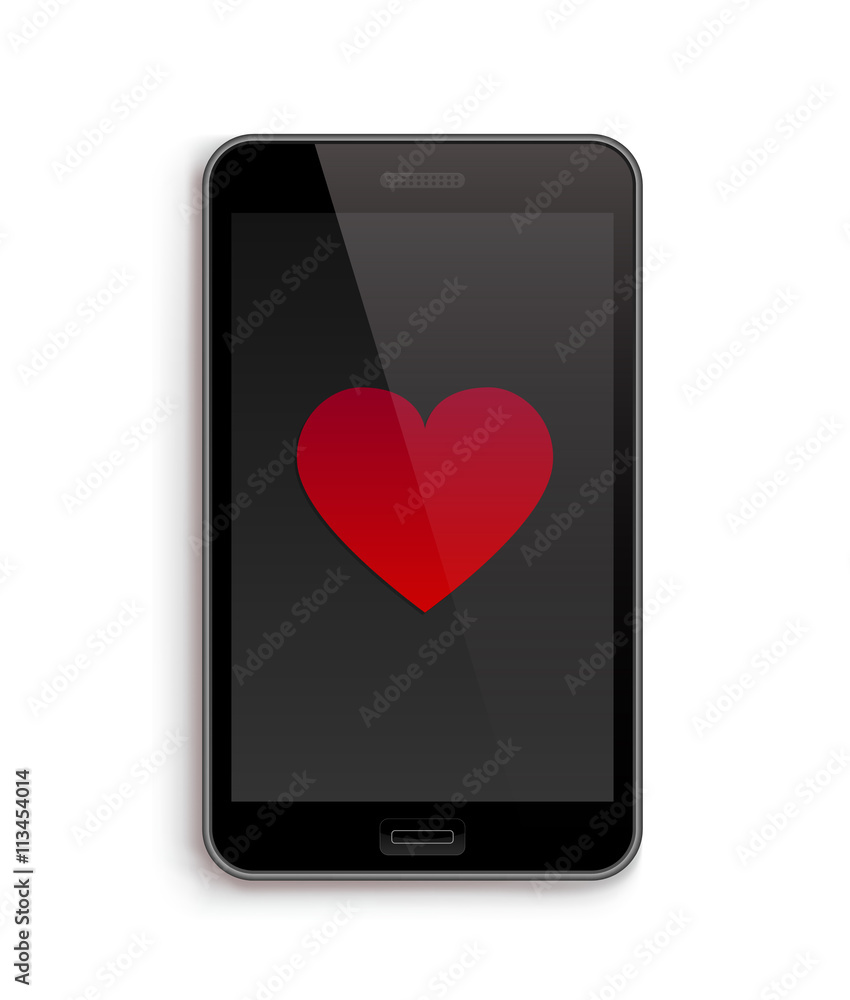 Smartphone, mobile phone on white background with red Heart. Valentine's Day and Love concept, realistic vector illustration Smartphone, mobile phone on white background with red Heart. Valentine's Day and Love concept, realistic vector illustration