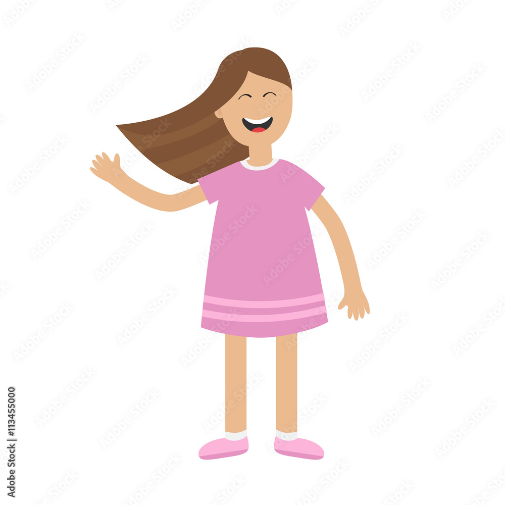 Girl waving hand Isolated. Happy child. Hair fluttering in the wind. Cute cartoon laughing character in violet dress. Smiling woman. White background. Flat design Girl waving hand Isolated. Happy child. Hair fluttering in the wind. Cute cartoon laughing character in violet dress. Smiling woman. White background. Flat design